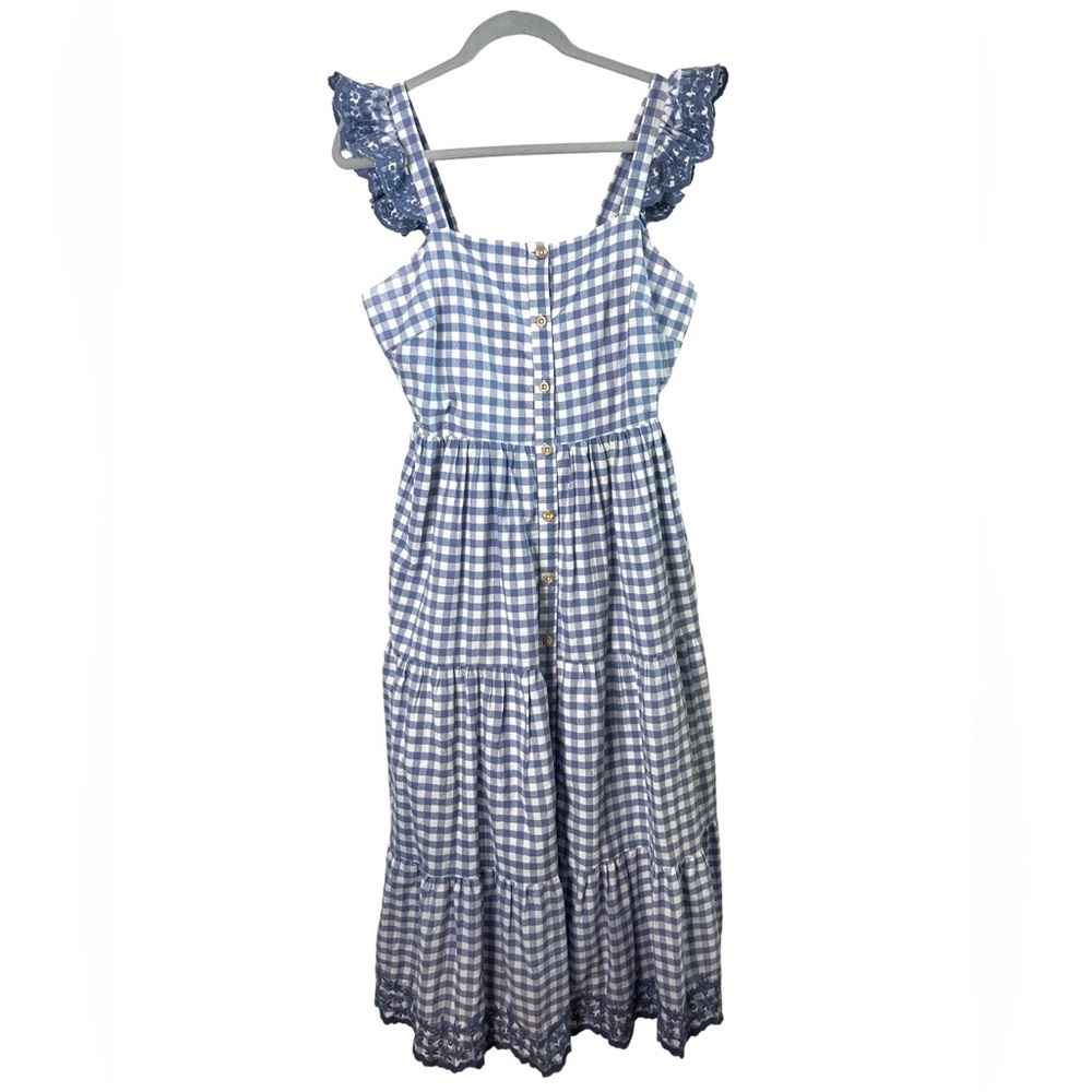Shabby Chic Blue White Gingham Midi Dress Eyelet Pockets  Cottagecore SZ 8 NWOT